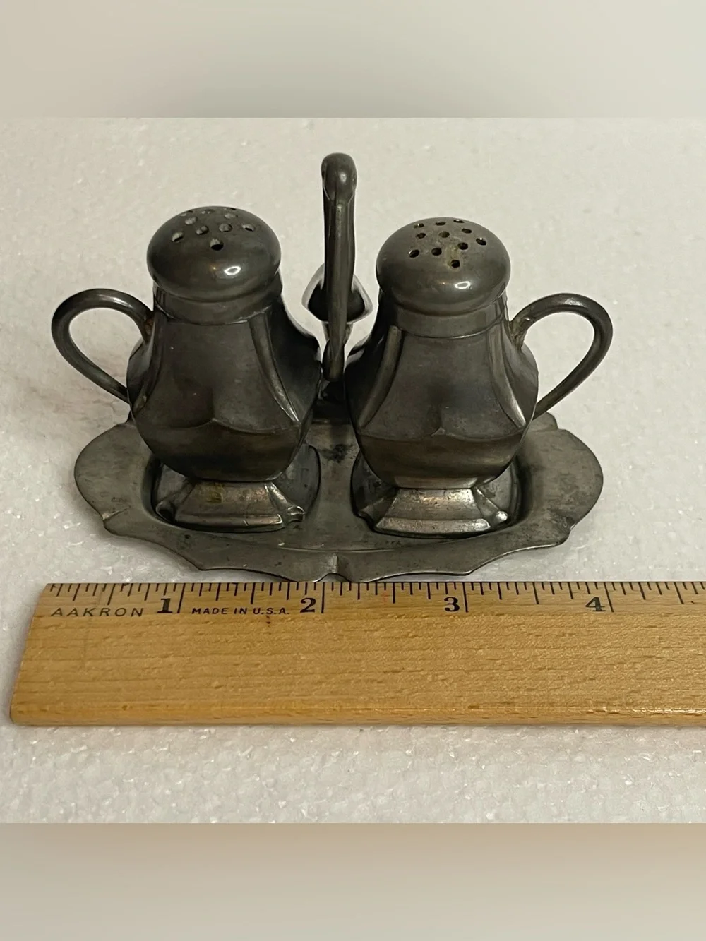 VTG Old Colonial Genuine Pewter Salt And Pepper Shakers Tray Stork Crane Handle
